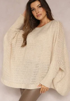 Jasnobeżowy Luźny Sweter Dzianinowy w Stylu Ponczo Nattava