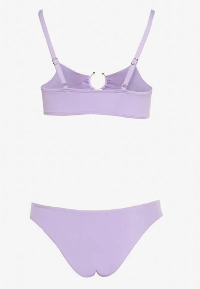 Jasnofioletowe Bikini Nieodpinany Biustonosz z Usztywnianymi Miseczkami i Klamerką przy Dekolcie na Regulowanych Ramiączkach Majtki z Elastyczną Gumką w Pasie Kiaramarie
