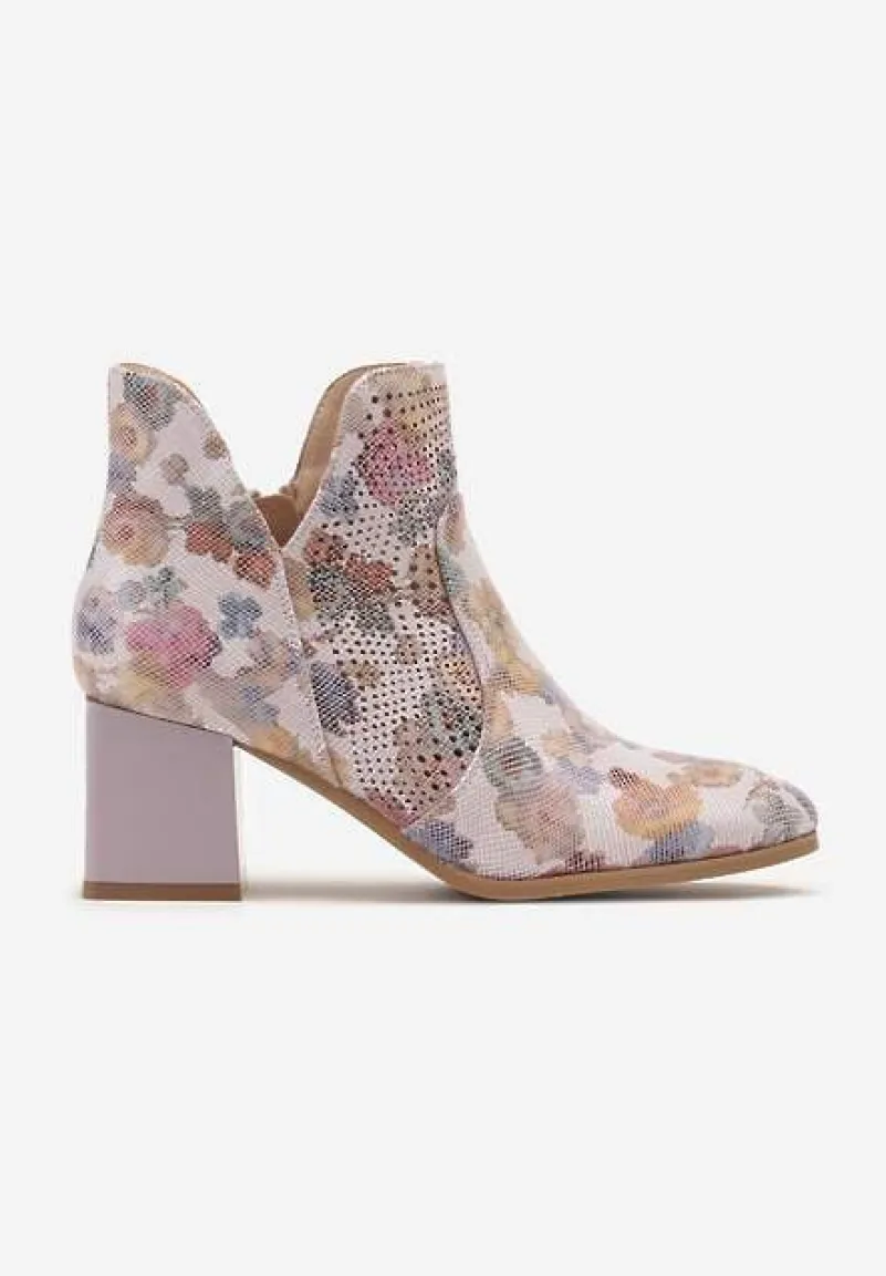 Jasnofioletowe Botki na Obcasie ze Skórzaną Wkładką Ozdobione Printem i Perforacją Blorena