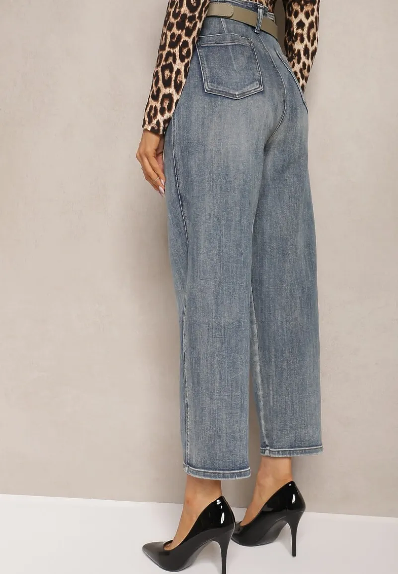 Jasnoniebieskie Bawełniane Jeansy High Waist o Kroju Boyfriend z Dodatkowym Paskiem Attenise