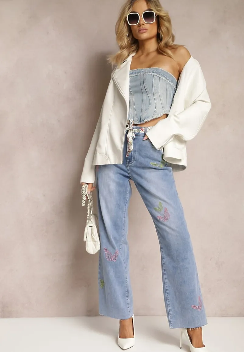 Jasnoniebieskie Bawełniane Jeansy High Waist o Szerokim Kroju z Paskiem i Haftami Kelisaria