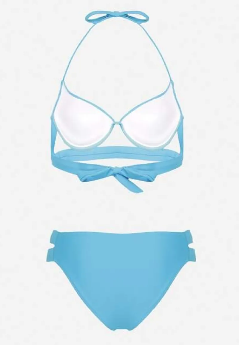Jasnoniebieskie Bikini Majtki Figi z Wycięciami i Biustonosz z Ozdobnymi Paskami Kinalana
