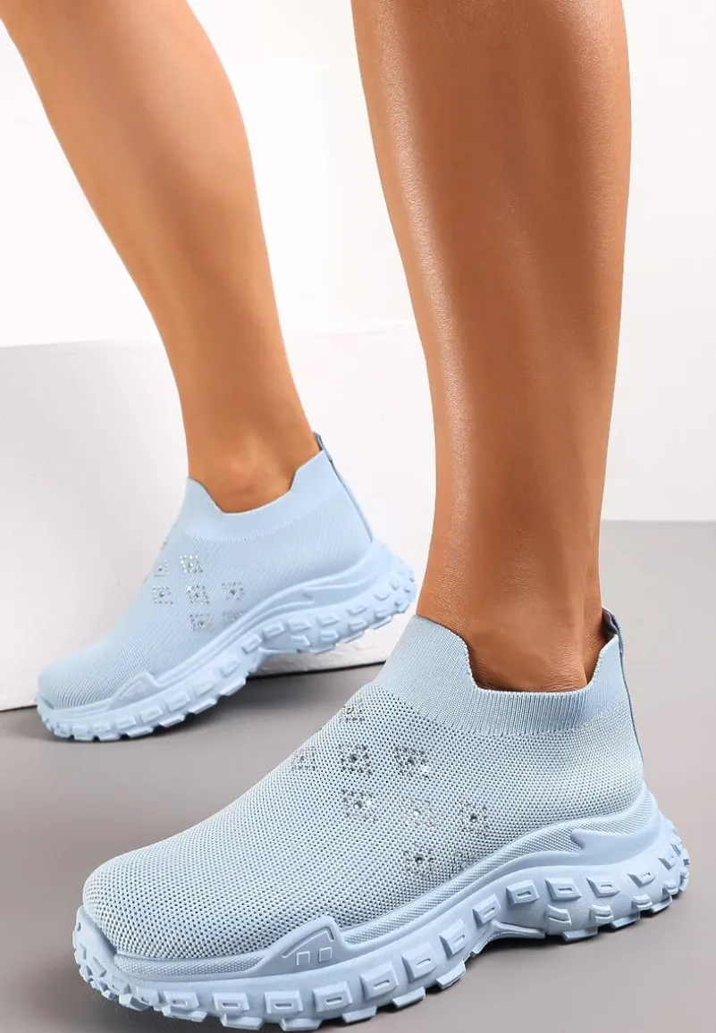 Jasnoniebieskie Buty Sportowe na Grubej Podeszwie z Elastyczną Cholewką z Cyrkoniami Kolby