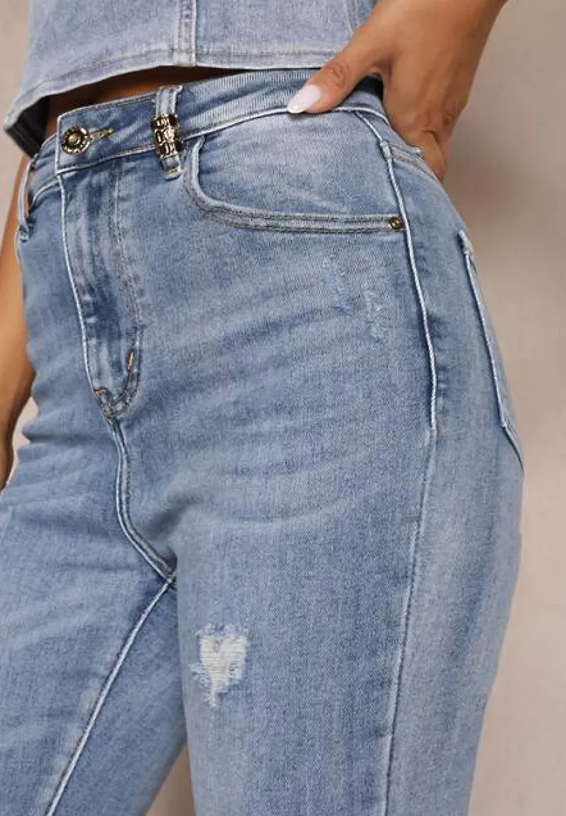 Jasnoniebieskie Casualowe Skinny Jeansy z Bawełny z Przetarciami na Nogawkach Cirea