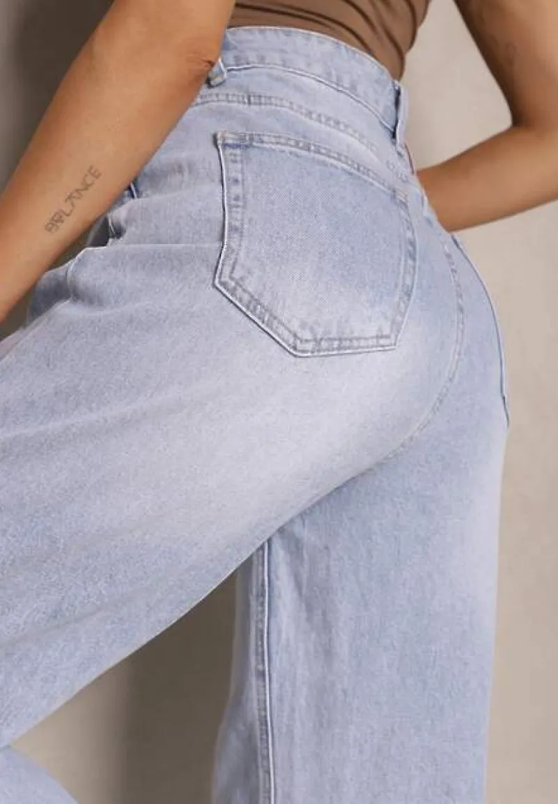 Jasnoniebieskie Jeansy Boyfriend High Waist Zdobione Przetarciami Neniffia