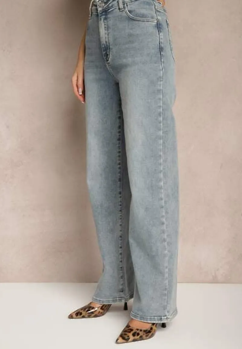 Jasnoniebieskie Jeansy High Waist o Szerokim Kroju Peiva