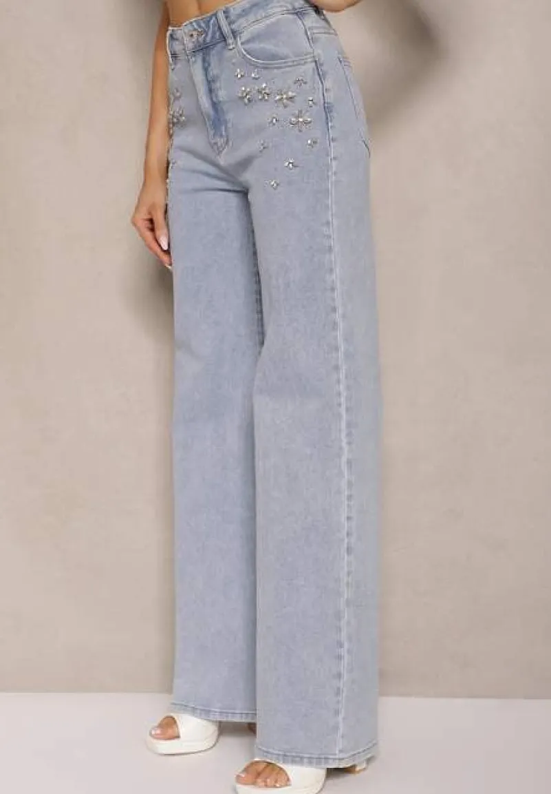Jasnoniebieskie Jeansy High Waist Wide Leg z Cyrkoniowymi Zdobieniami Palanirela