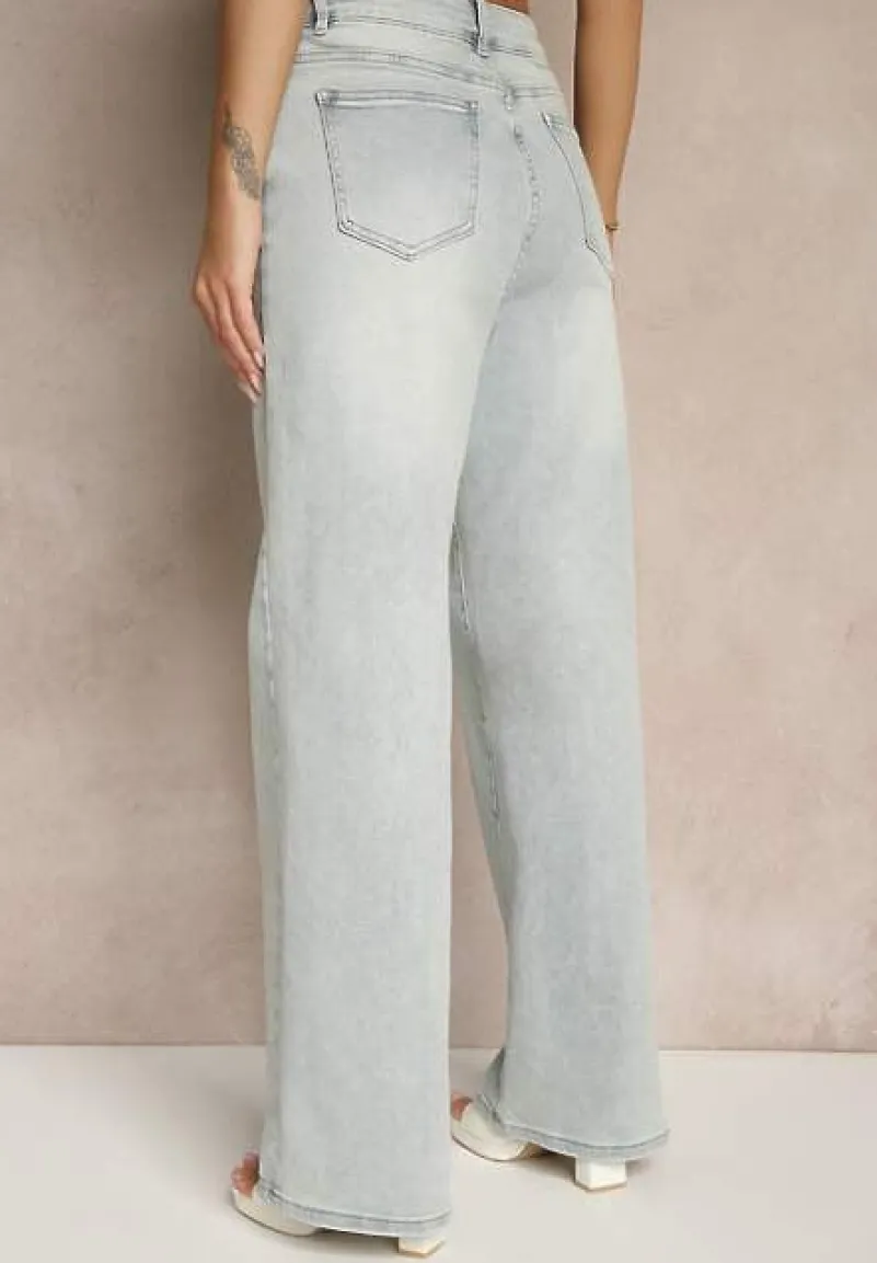 Jasnoniebieskie Jeansy High Waist z Szeroką Nogawką Jenaliria