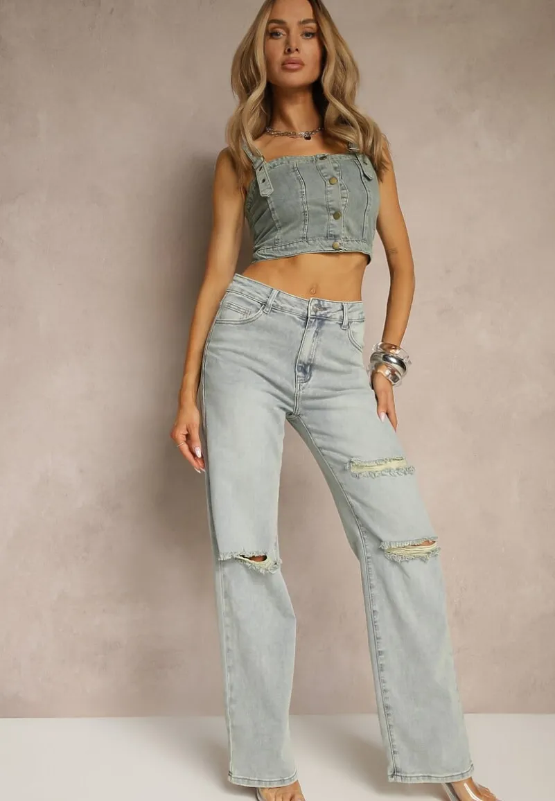 Jasnoniebieskie Jeansy High Waist o Szerokim Kroju z Przetarciami Zeleldi