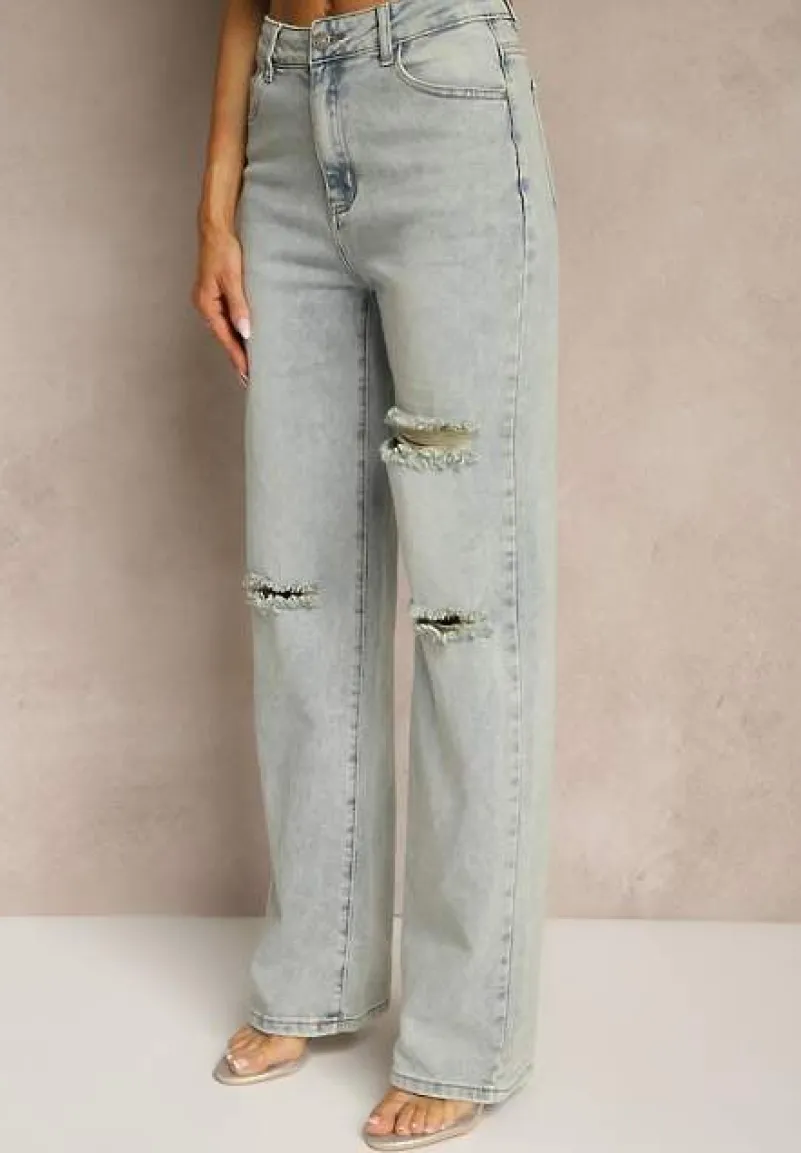 Jasnoniebieskie Jeansy High Waist o Szerokim Kroju z Przetarciami Zeleldi