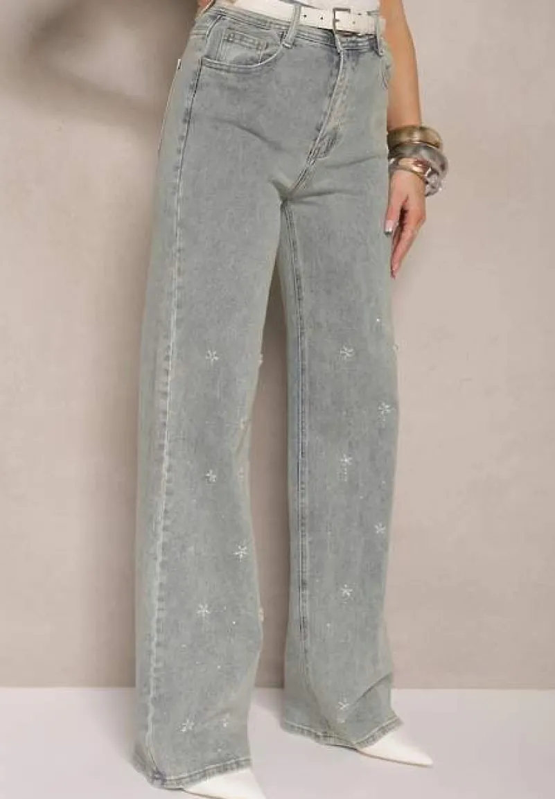 Jasnoniebieskie Jeansy High Waist o Szerokim Kroju z Cyrkoniami i Koralikami Heltewi
