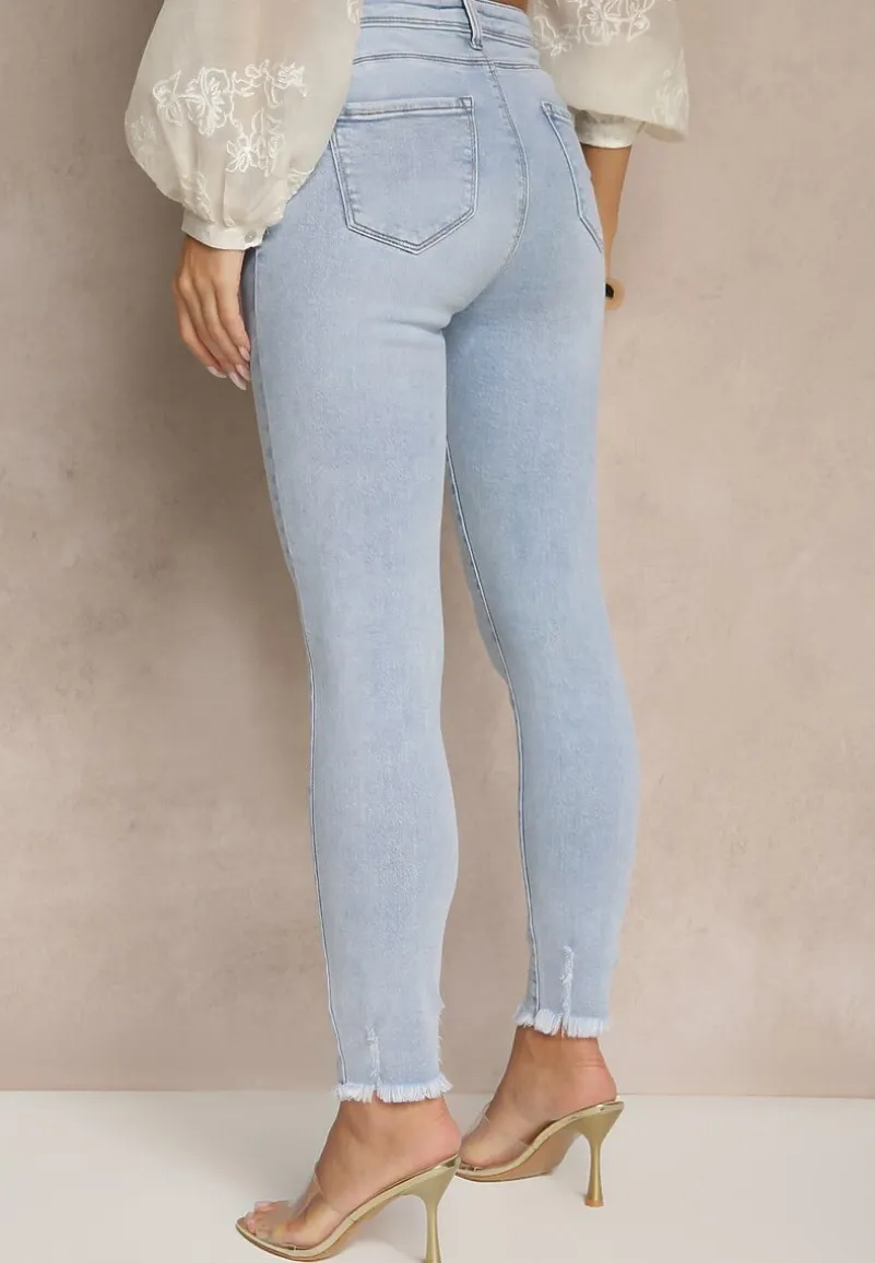 Jasnoniebieskie Jeansy o Fasonie Skinny Push Up Zdobione Przetarciami Salzeri