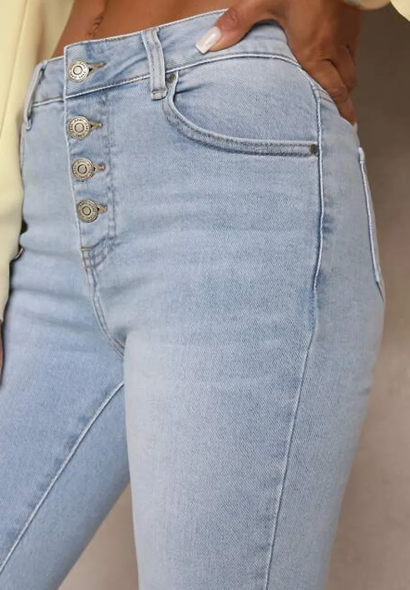 Jasnoniebieskie Jeansy Skinny z Bawełną High Waist Ozdobione Guzikami Felariel