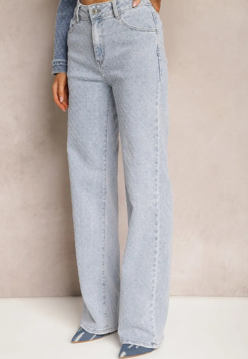Jasnoniebieskie Proste Jeansy z Bawełny z Szerokimi Nogawkami High Waist Kiolara