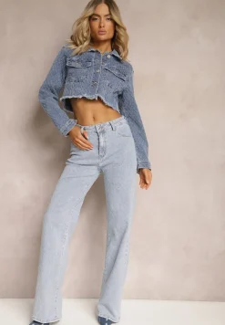 Jasnoniebieskie Proste Jeansy z Bawełny z Szerokimi Nogawkami High Waist Kiolara