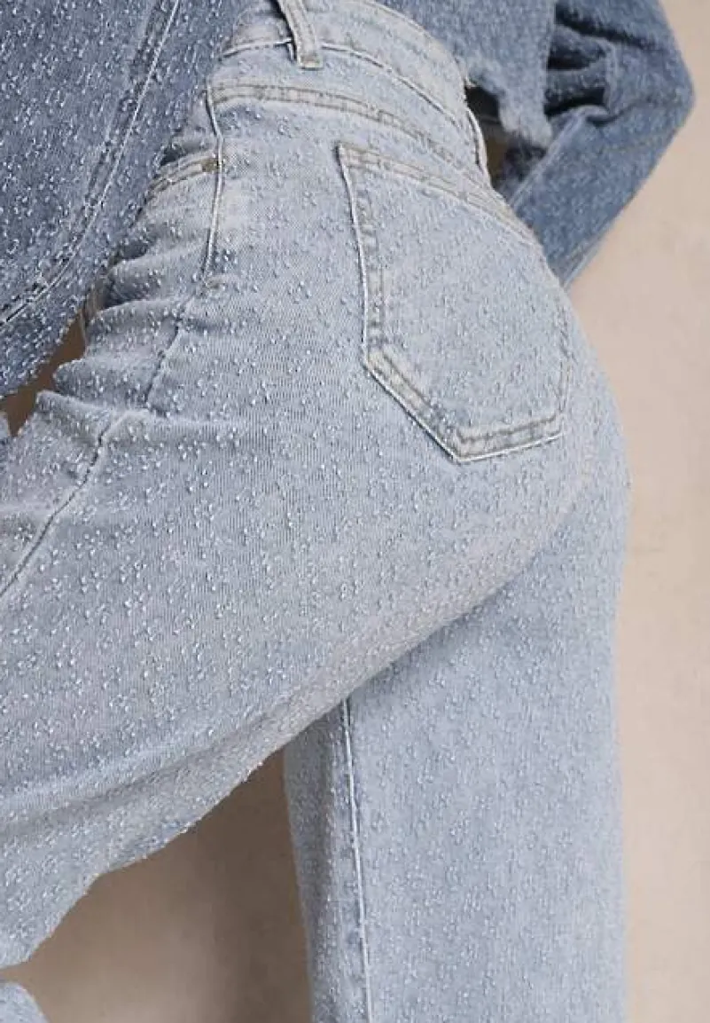 Jasnoniebieskie Proste Jeansy z Bawełny z Szerokimi Nogawkami High Waist Kiolara