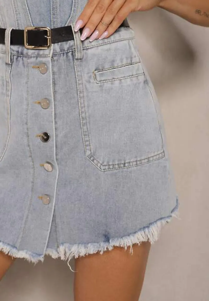 Jasnoniebieskie Spódnico-Szorty z Bawełny High Waist Ozdobione Paskiem i Guzikami Sadamine
