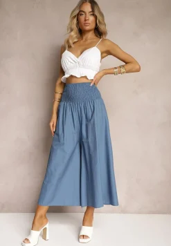 Jasnoniebieskie Spodnie Kuloty z Bawełny High Waist o Szerokim Kroju Wykończone Gumką w Pasie Alifrea