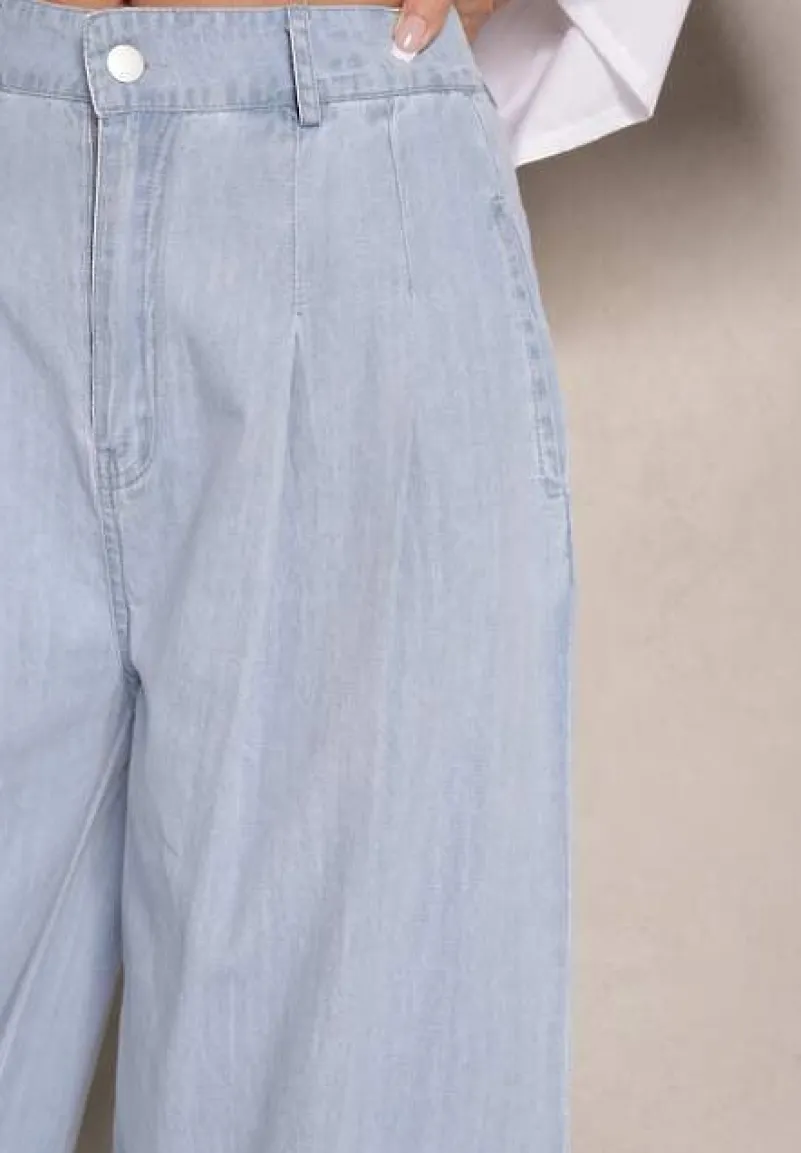 Jasnoniebieskie Szerokie Jeansy z Bawełny High Waist Cohna