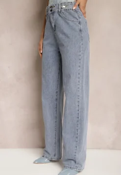 Jasnoniebieskie Szerokie Jeansy z Wysoką Ozdobną Talią Florati