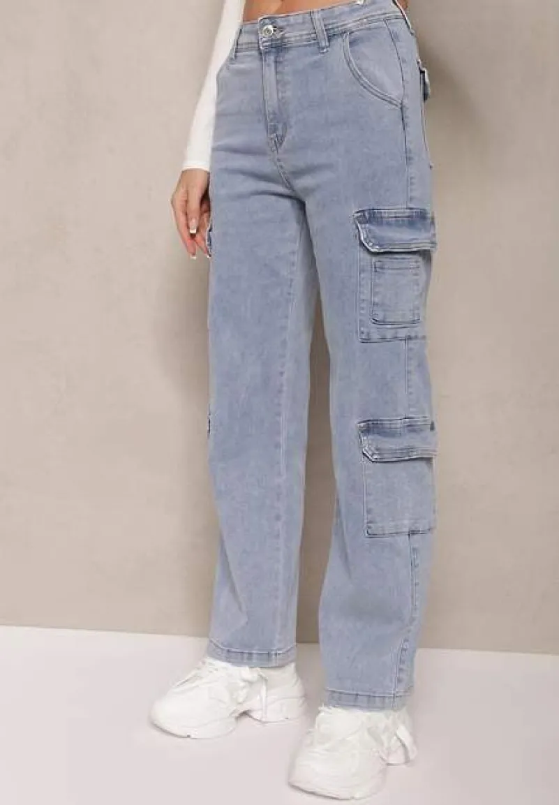 Jasnoniebieskie Szerokie Jeansy High Waist z Kieszeniami Leorrio