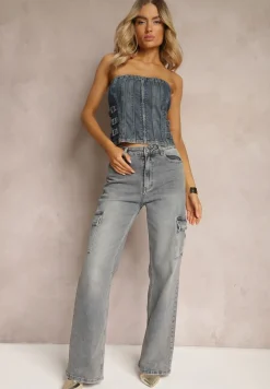 Jasnoniebieskie Szerokie Jeansy Cargo z Kieszeniami z Klapami Allfia