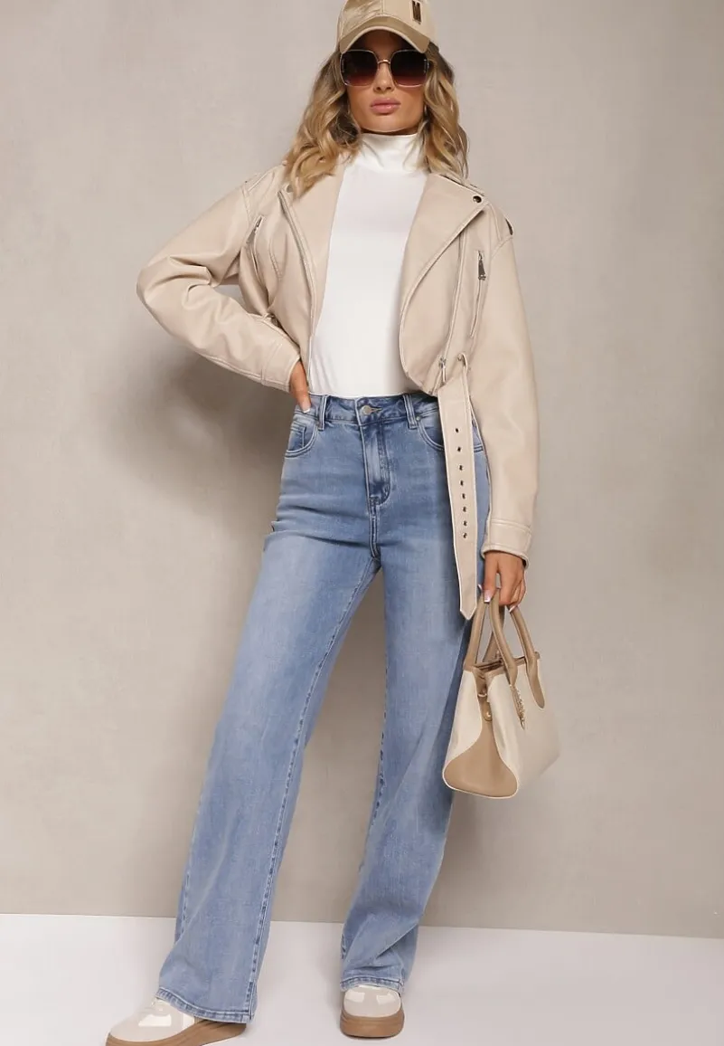 Jasnoniebieskie Szerokie Jeansy z Dodatkiem Bawełny High Waist Otharia