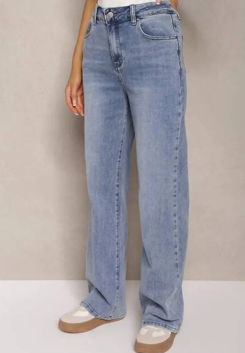 Jasnoniebieskie Szerokie Jeansy z Dodatkiem Bawełny High Waist Otharia