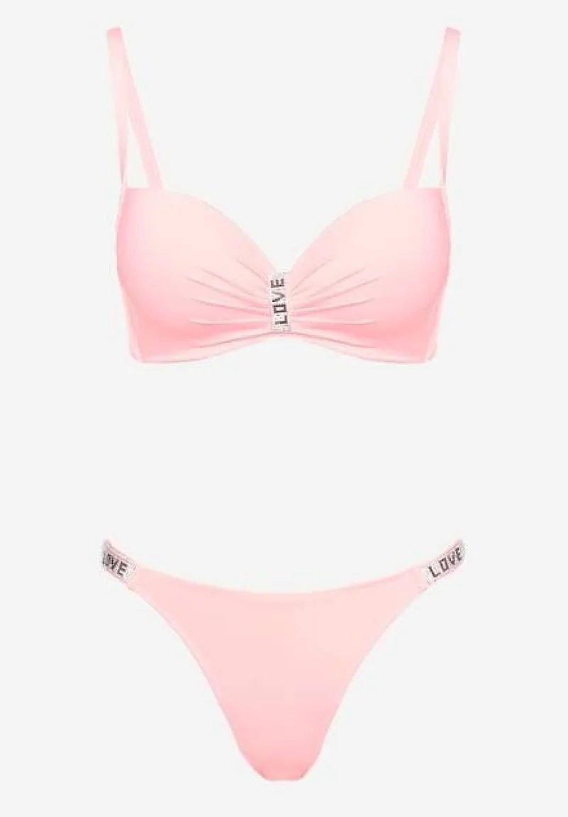 Jasnoróżowe Bikini z Cyrkoniami i Regulowanymi Ramiączkami Tloen