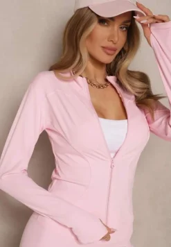 Jasnoróżowy Komplet Sportowy Legginsy i Bluza z Wycięciem na Kciuk Redarose