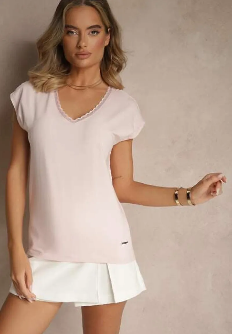 Jasnoróżowy T-shirt z Bawełny Ozdobiony Koronką Ralienne