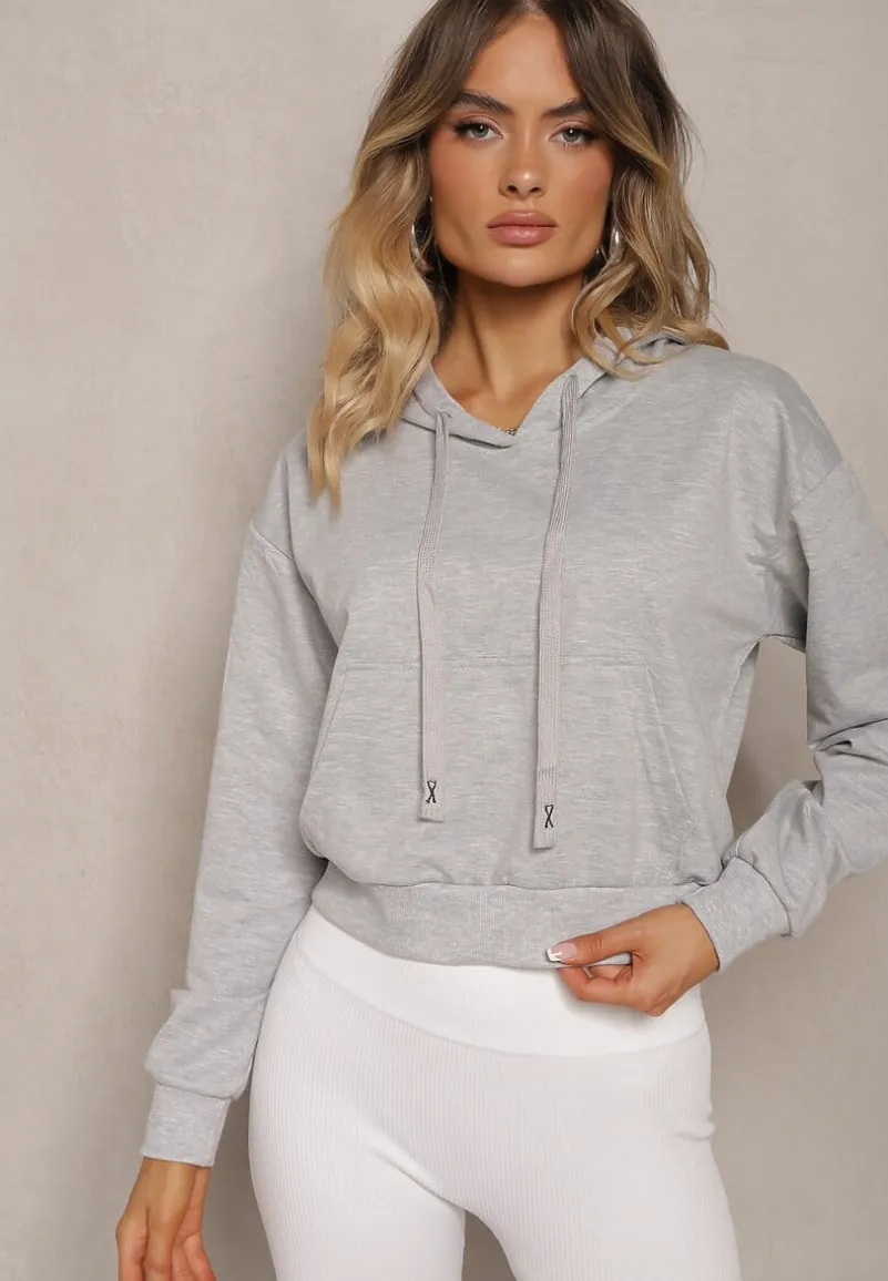 Jasnoszara Bluza z Kapturem i Bawełną Ozdobiona Ściągaczami Evianae