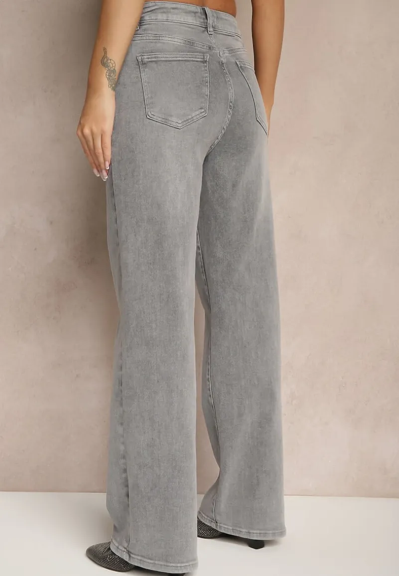 Jasnoszare Jeansy High Waist z Szeroką Nogawką Ulassia