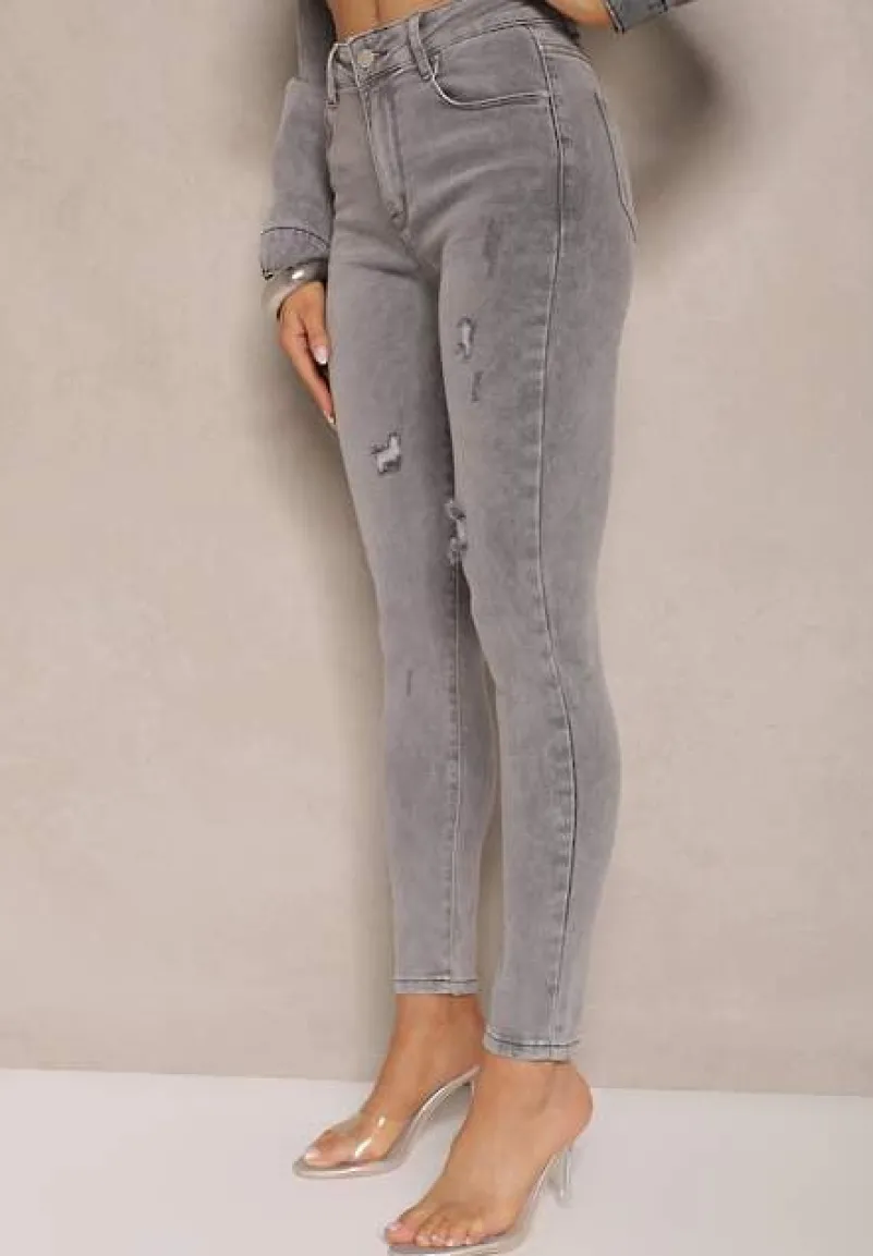 Jasnoszare Jeansy o Fasonie Skinny High Waist z Ozdobnymi Przetarciami Lililiane
