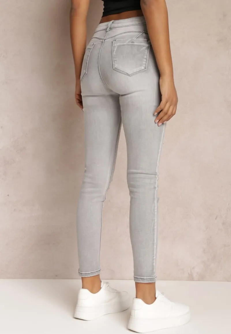 Jasnoszare Jeansy Skinny Push-Up z Wycięciem i Cyrkoniami Idomara