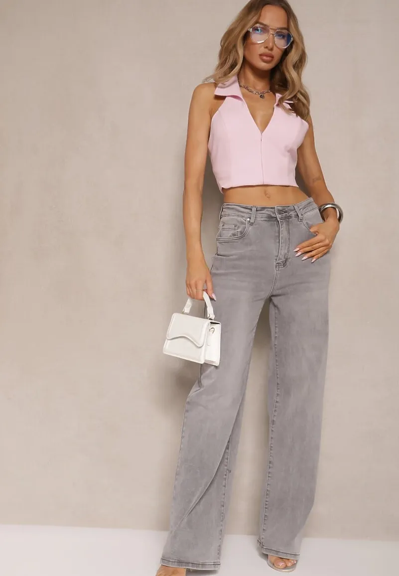 Jasnoszare Jeansy z Bawełny o Szerokim Kroju High Waist Ozdobione Przetarciami Silmoi