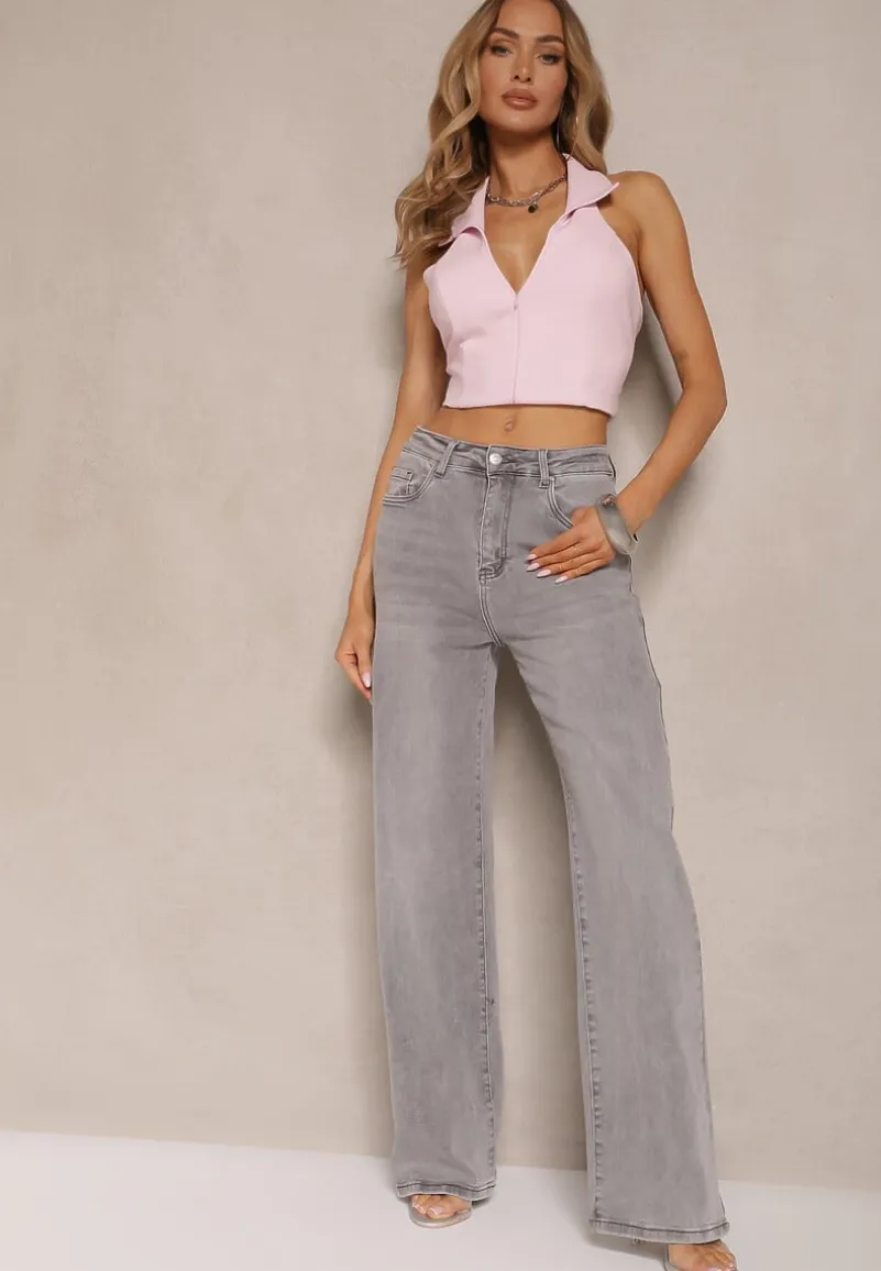 Jasnoszare Jeansy z Bawełny o Szerokim Kroju High Waist Ozdobione Przetarciami Silmoi