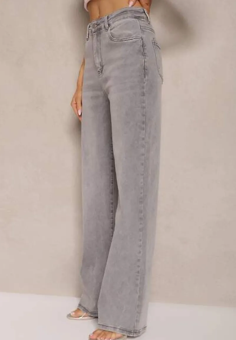 Jasnoszare Jeansy z Bawełny o Szerokim Kroju High Waist Ozdobione Przetarciami Silmoi