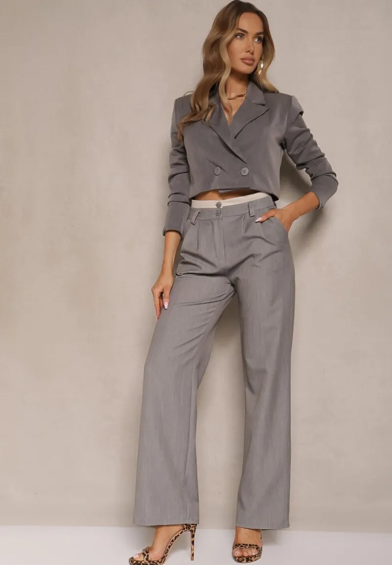 Jasnoszare Spodnie Garniturowe High Waist z Przeszyciami Variola