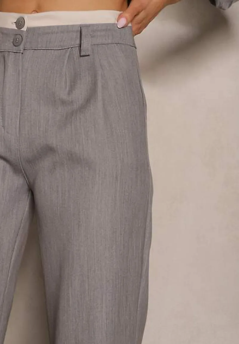 Jasnoszare Spodnie Garniturowe High Waist z Przeszyciami Variola
