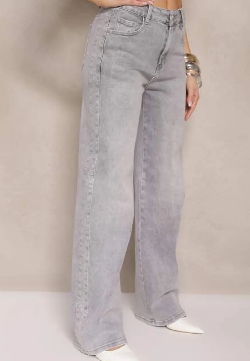 Jasnoszare Szerokie Jeansy z Bawełny High Waist Ozdobione Cyrkoniami Firlevia
