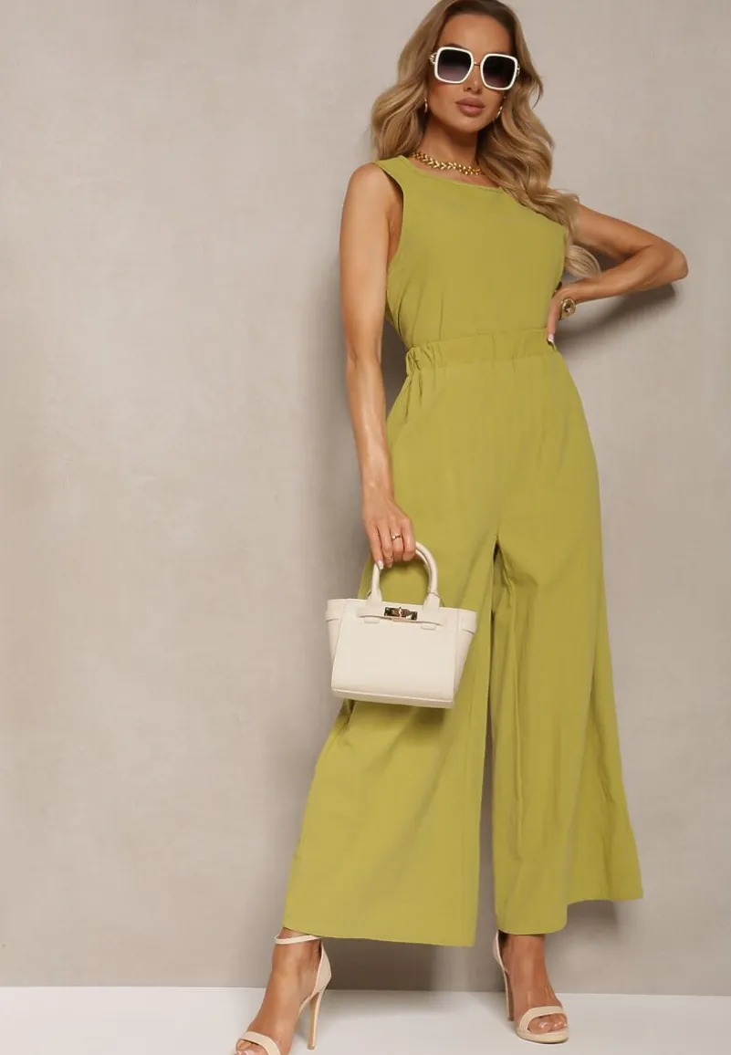 Jasnozielony Komplet z Bawełny Spodnie Culottes i Luźny Top Tinelia