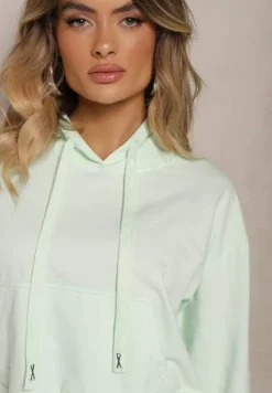 Miętowa Bluza z Kapturem i Bawełną Ozdobiona Ściągaczami Evianae
