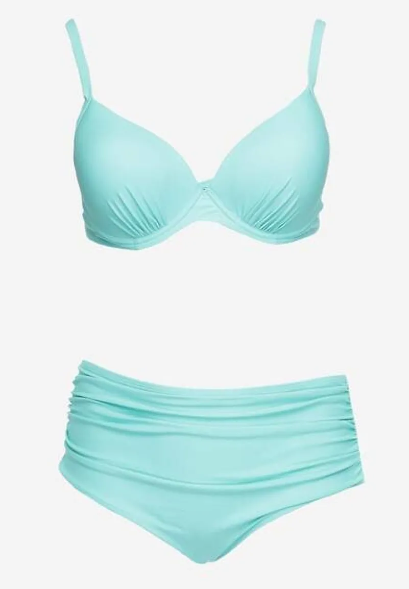 Miętowe Bikini 2-Częściowe Biustonosz Wiązany z Tyłu i Majtki High Waist z Marszczeniami Ekubia