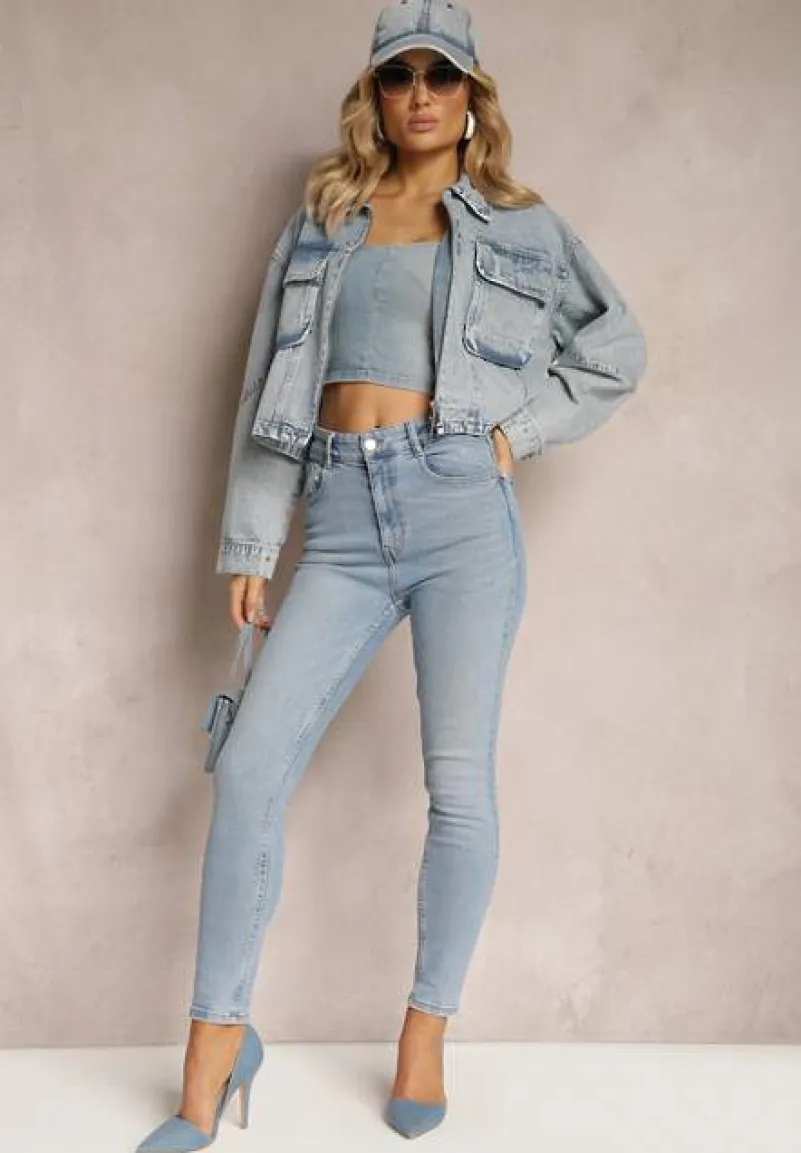 Niebieska Jeansowa Kurtka Oversize Cropped z Bawełny Tevissa
