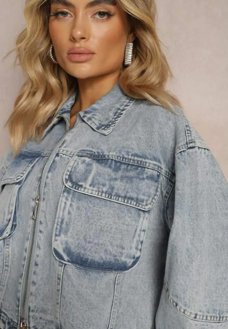 Niebieska Jeansowa Kurtka Oversize Cropped z Bawełny Tevissa