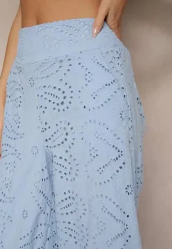 Niebieskie Ażurowe Spodnie z Bawełny High Waist o Szerokim Kroju Evinassa