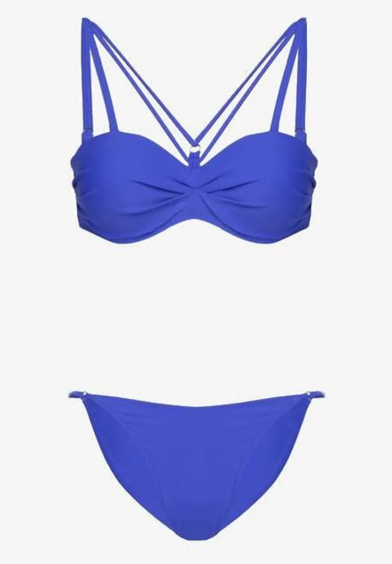 Niebieskie Bikini Majtki Typu Figi i Biustonosz z Ozdobnymi Paskami Fadelinna