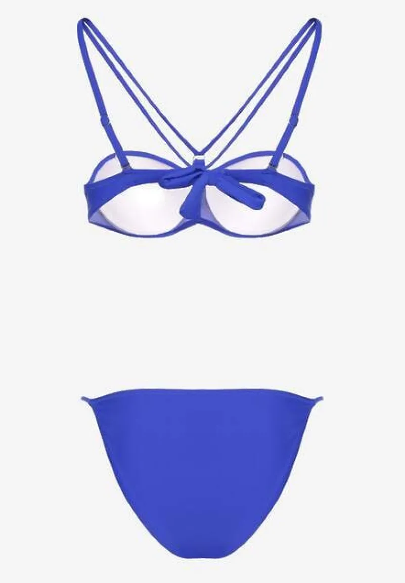 Niebieskie Bikini Majtki Typu Figi i Biustonosz z Ozdobnymi Paskami Fadelinna
