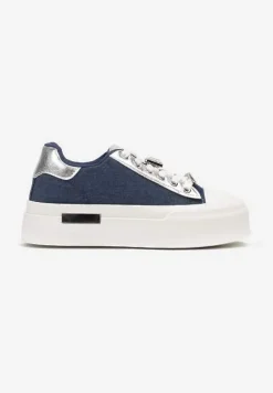 Niebieskie Casualowe Sneakersy na Platformie Ozdobione Cyrkoniami i Metalicznymi Wstawkami Primaria